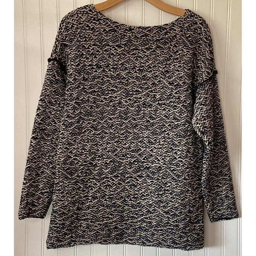 J. Crew Women’s Medium Wide Neck Sweater Navy Tan Overstitch Sweater Tunic Top
